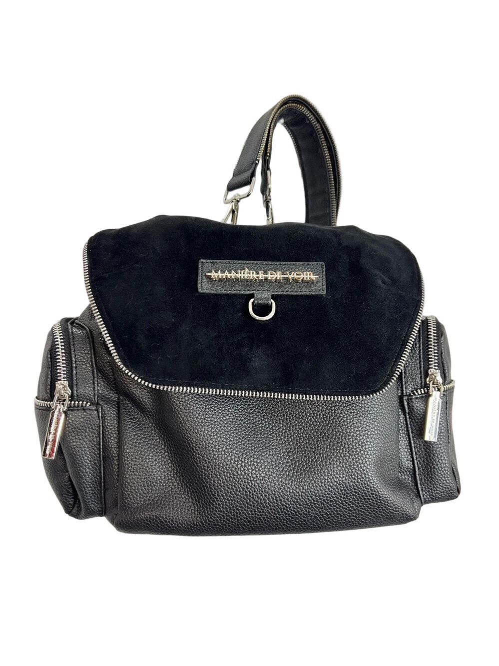 Maniere de Voir black pebbled vegan leather and suede zipper detail backpack